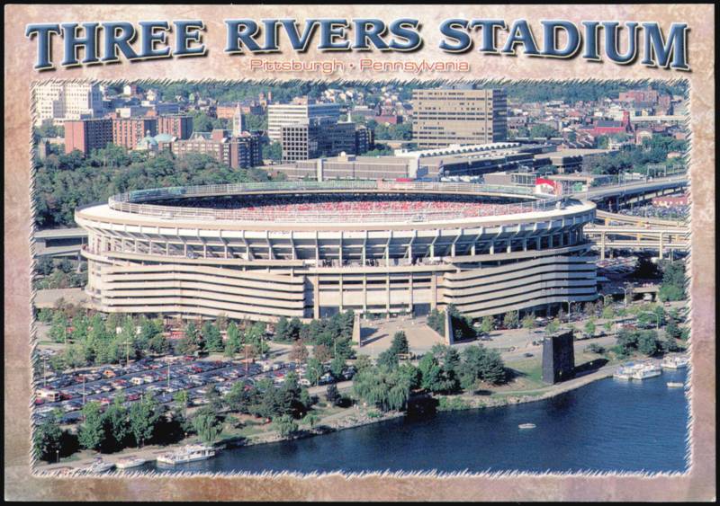 Three Rivers Stadium aerial view with cityscape and river Pittsburgh Pennsylvania