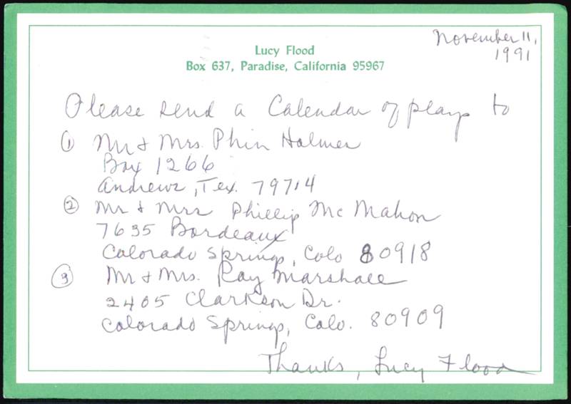 Lucy Flood Calendar of Plays Mailing List Request Calendars