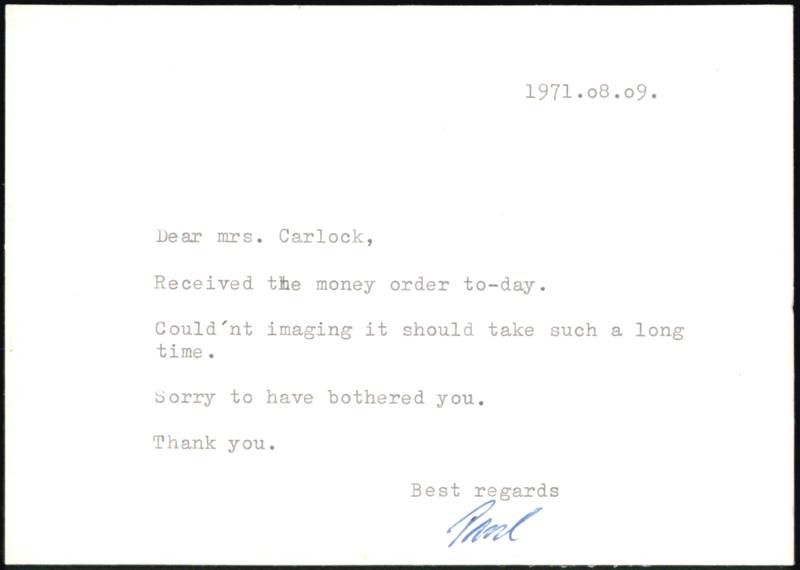 Letter from Paul to Mrs. Ruth Carlock dated August 9, 1971 Denmark