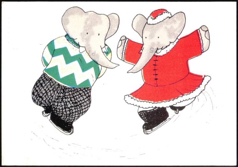 Babar and Celeste Ice Skating Jean de Brunhoff Art