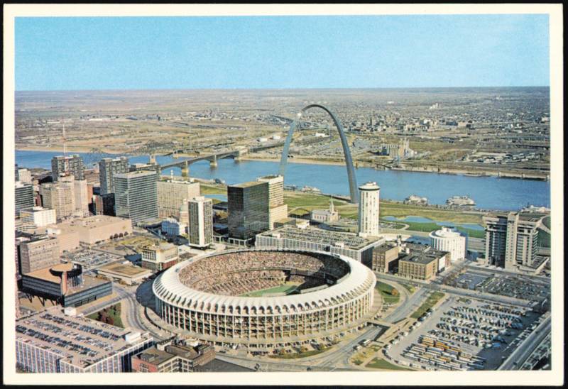 Downtown Aerial View Overlooking Busch Stadium to Gateway Arch St. Louis Missouri