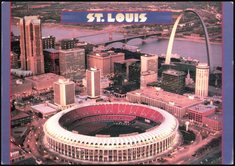Aerial of Skyline at Dusk with Stadium and Gateway Arch St. Louis Missouri