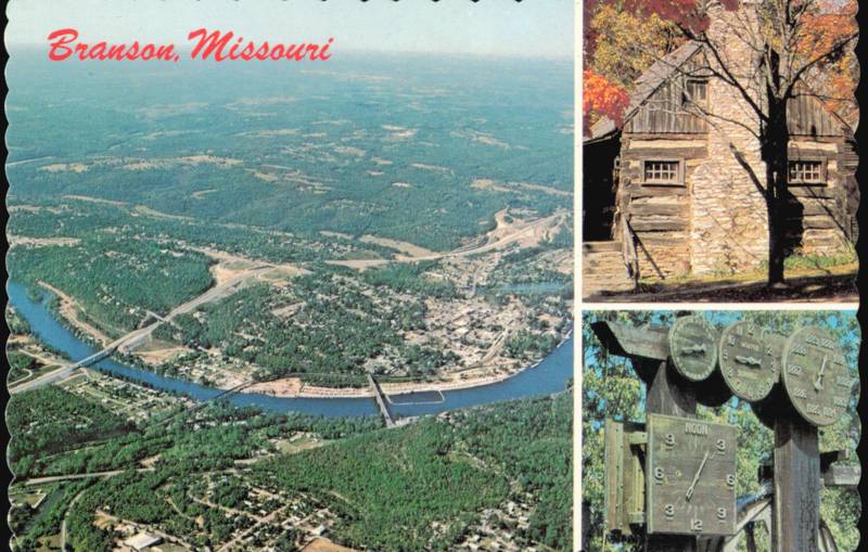 Aerial view, Old Matt's Cabin, and Water Clock Branson Missouri