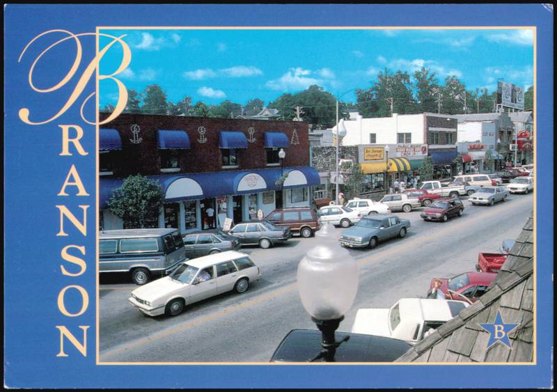 Downtown Branson Street View with Historic Shops and Lake Taneycomo Missouri