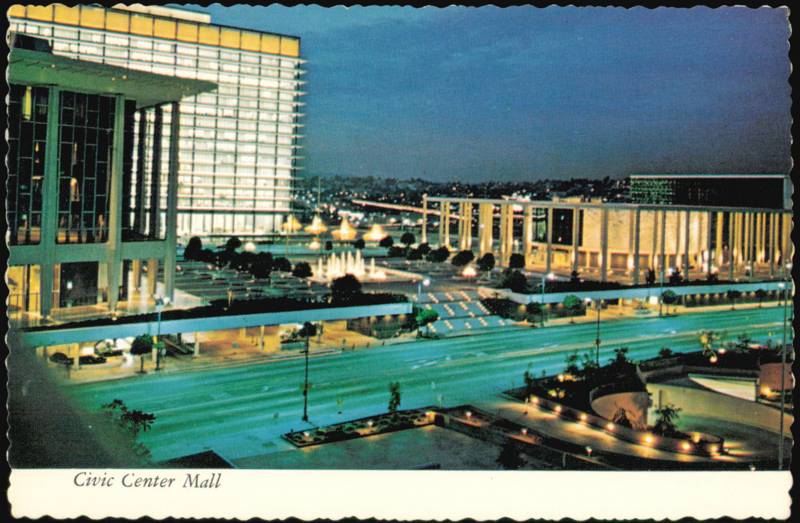 Civic Center Mall Night View Water and Power Building Los Angeles California
