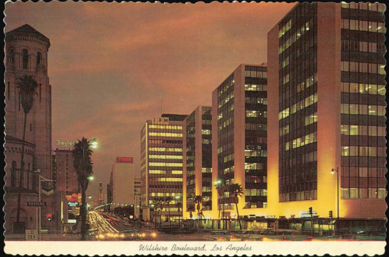 Wilshire Boulevard at Night with New Tishman Buildings Los Angeles California