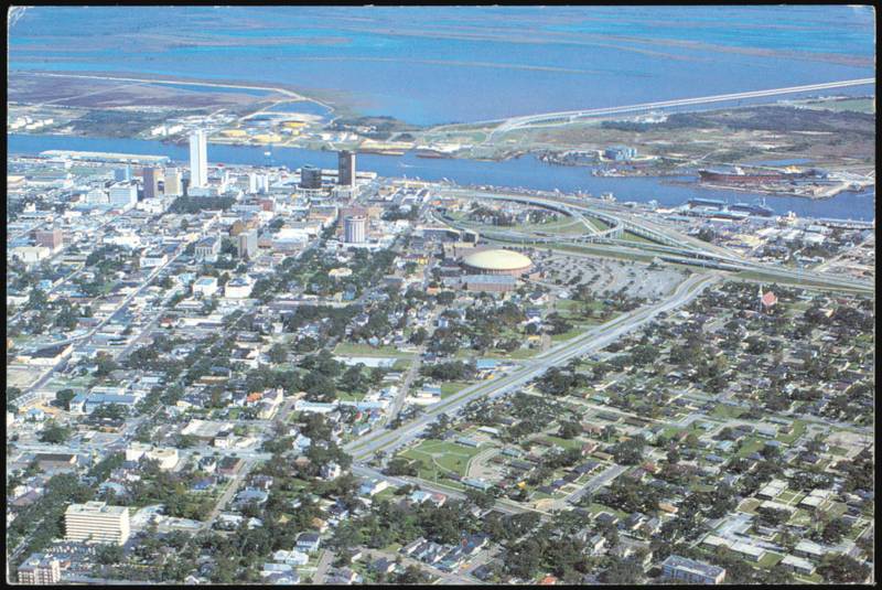 Aerial view of the City of Mobile with River Plaza Hotel Alabama