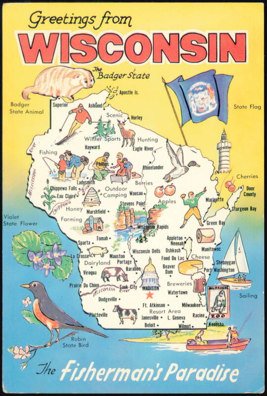 Greetings From Wisconsin The Badger State Pictorial Map