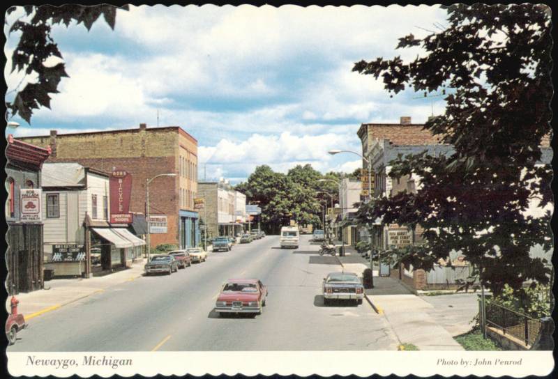 Street Scene with Downtown Buildings and Classic Cars Newaygo Michigan