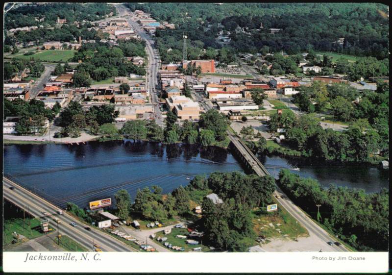 Aerial view of New River, Bridge, and Downtown Jacksonville North Carolina
