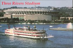 Three Rivers Stadium and Majestic Riverboat in Pittsburgh Postcard