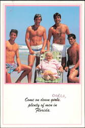 Humorous Beach Scene With Elderly Woman And Four Young Men Postcard