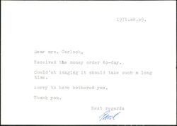 Letter from Paul to Mrs. Ruth Carlock dated August 9, 1971 Postcard