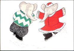 Babar and Celeste Ice Skating Jean de Brunhoff Art Postcard