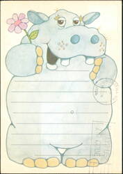Cute Blue Hippo Holding Flower with Custom Message Postcard