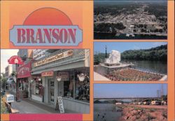 Downtown Branson, Lake Taneycomo, and Bridge Postcard