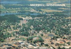 Aerial View of Merrill showing Wisconsin and Prairie Rivers Postcard