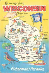 Greetings From Wisconsin The Badger State Pictorial Map Postcard