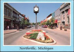 Main Street Looking Down Town With Antique Clock Postcard