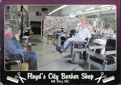 Floyd's City Barber Shop interior Mt. Airy NC Postcard