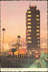 Control Tower and Theme Building at Night Postcard