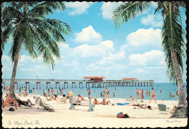 Beach and Fishing Pier Framed by Palm Trees Fort Myers Beach Florida