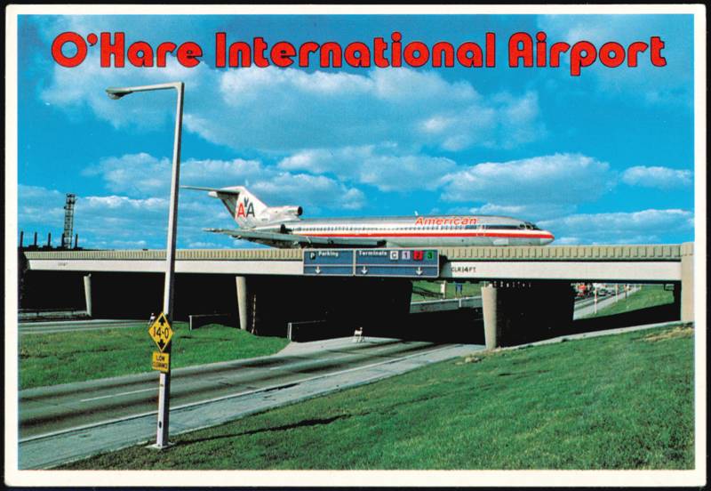 American Airlines Jet Taxiing Over Expressway Bridge Chicago Illinois