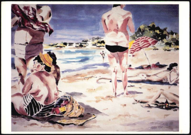 Voula Watercolor Beach Scene by Marion Moir Modern