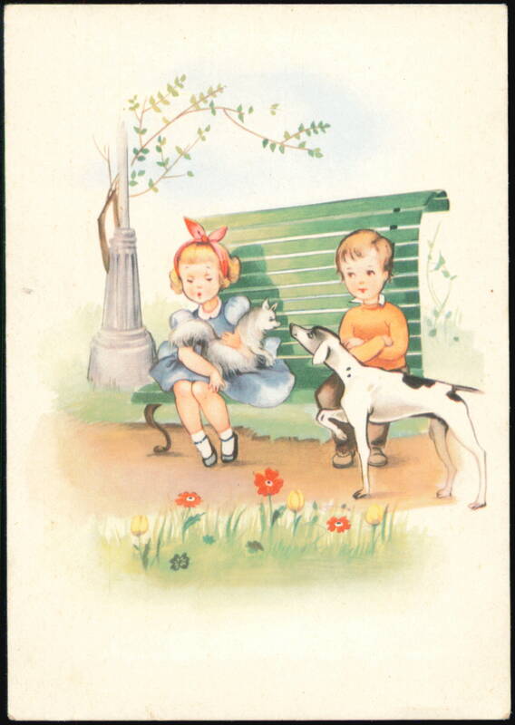 Children on Park Bench with Dogs Art Illustration