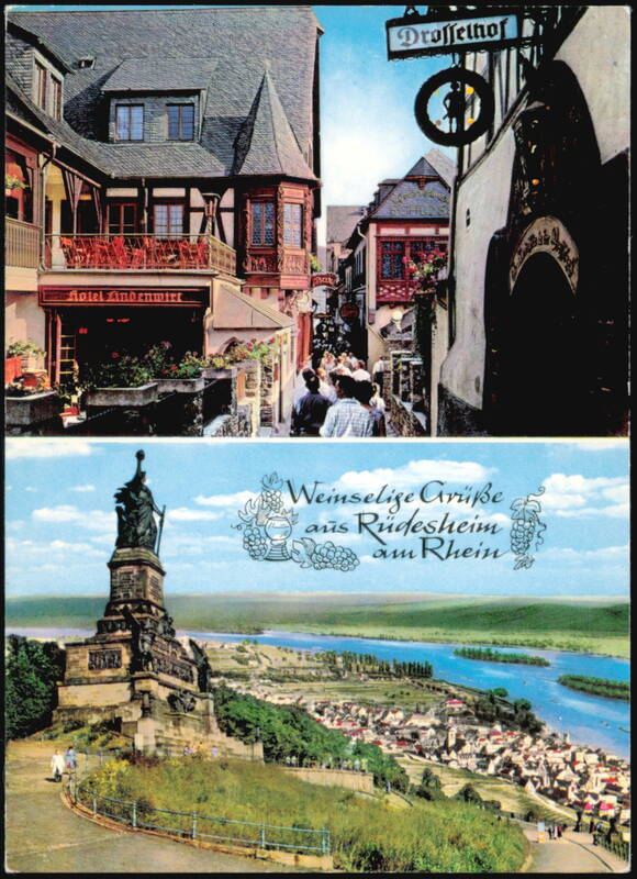 Drosselgasse Street Scene & Niederwald Monument View Rüdesheim am Rhein Germany