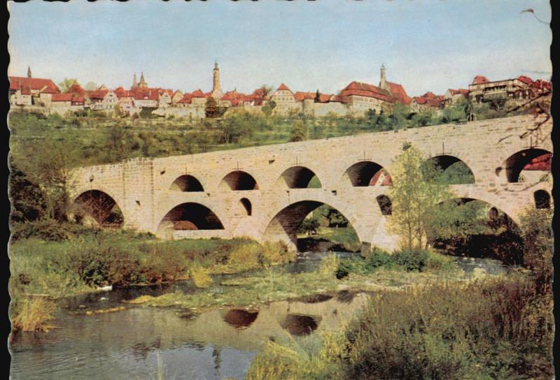 Doppelbrücke Stone Bridge with Medieval Town Skyline Rothenburg ob der Tauber Germany