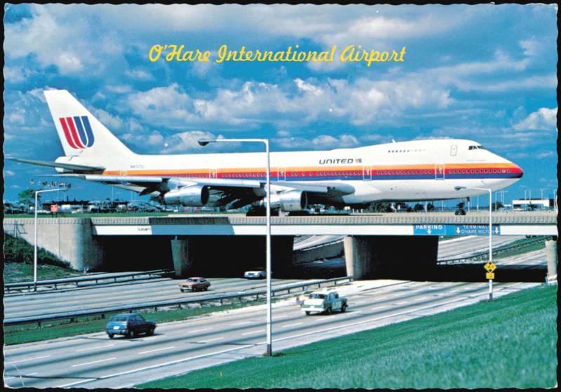 O'Hare Airport United Jumbo Jet Taxiing Over Expressway Illinois