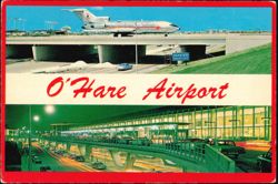 O'Hare Airport Plane Overpass and Terminal at Night Postcard