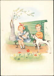 Children on Park Bench with Dogs Art Illustration Postcard
