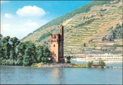 Binger Mäuseturm with Riverboat on the Rhine Postcard