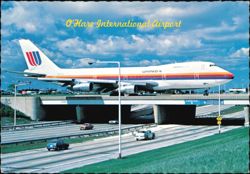 O'Hare Airport United Jumbo Jet Taxiing Over Expressway Postcard