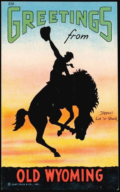 Greetings from Old Wyoming, Bucking Bronco Silhouette
