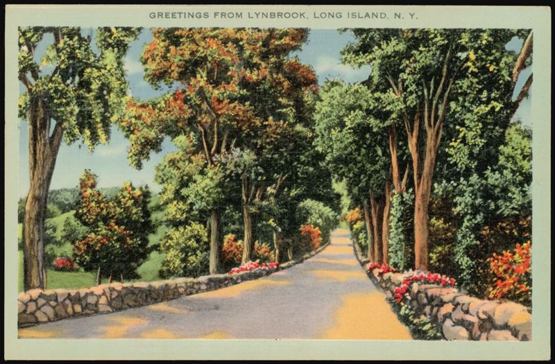 Greetings from Lynbrook, Long Island, Road with Stone Walls New York
