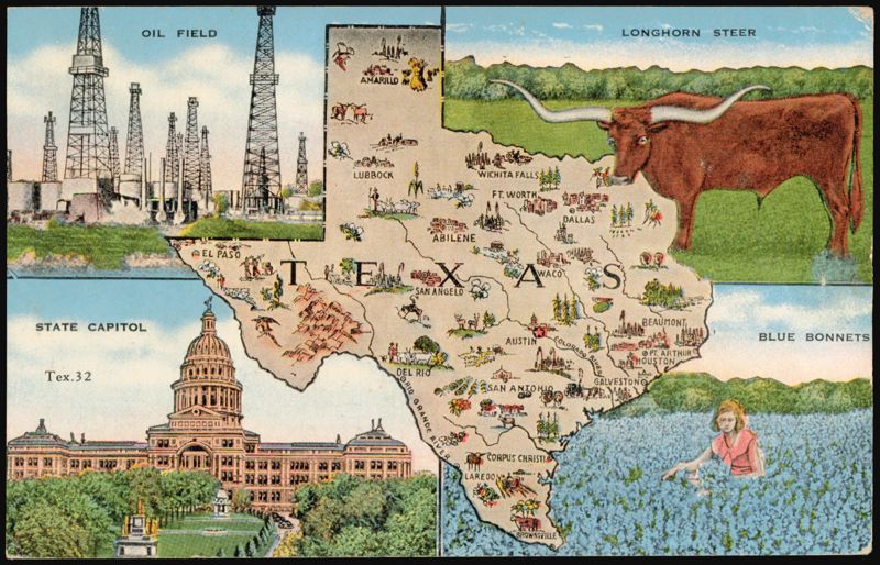 Map of Texas with Oil Field, Longhorn Steer, Capitol, Bluebonnets