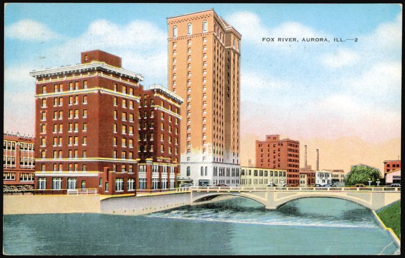 Fox River, Tall Building & Bridge Aurora Illinois