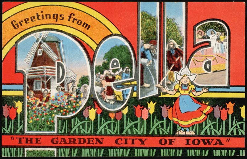 Greetings from Iowa, The Garden City, Large Letter Windmill Tulips Pella