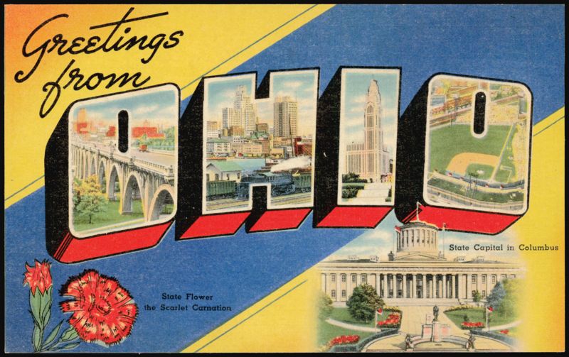 Greetings from Ohio Large Letter, State Capital, Scarlet Carnation Columbus