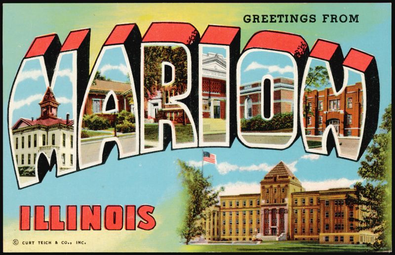 Greetings From Marion, Large Letter with Buildings Illinois