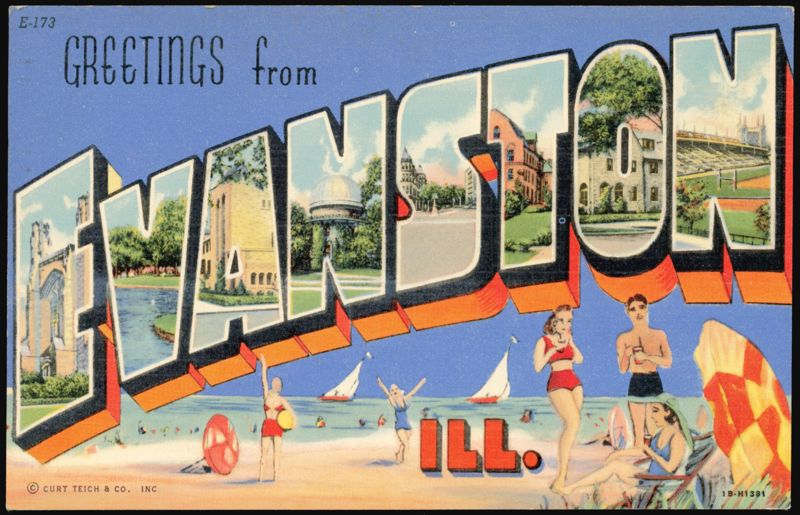 Greetings from Evanston, Large Letter with Beach Scene Illinois