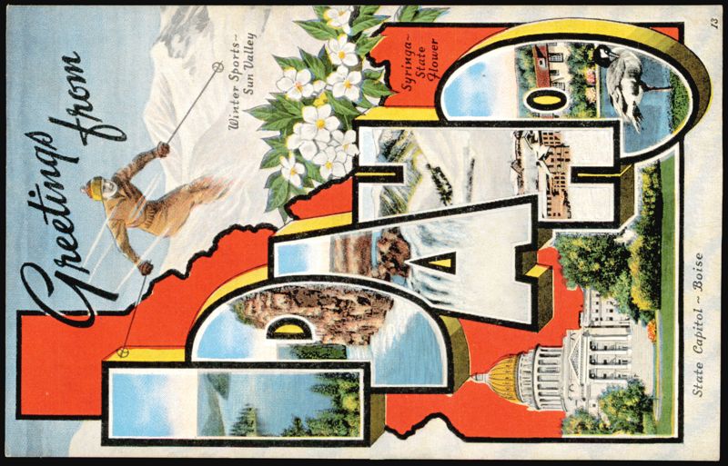 Greetings from Idaho Large Letter, Skier, State Capitol