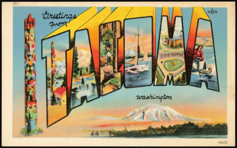 Greetings From Tacoma Large Letter, Totem Pole, Mt Rainier