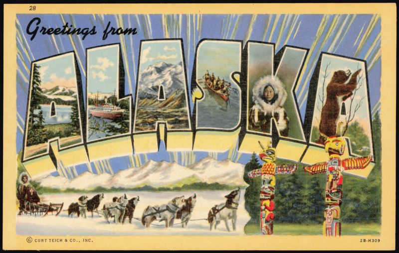 Greetings from Alaska Large Letter, Dog Sled, Totem Poles