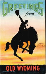 Greetings from Old Wyoming, Bucking Bronco Silhouette Postcard