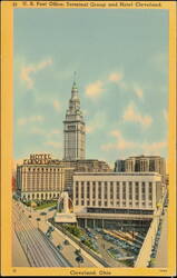 U. S. Post Office, Terminal Group and Hotel Cleveland Postcard