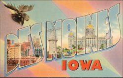 Des Moines Iowa Large Letter, Moose, Capitol, Windmill Postcard